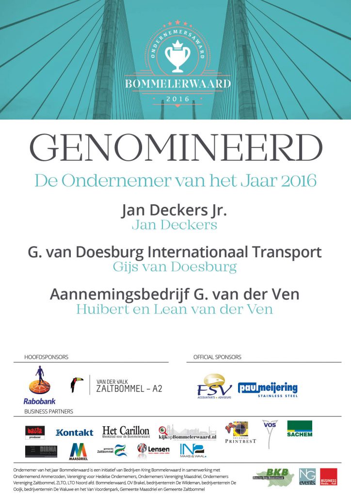 Jan Deckers Jr. genomineerd voor ondernemer van het jaar - Jan Deckers Jr. B.V.